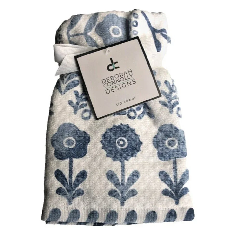 Deborah Connolly Fingertip Towels Blue Flower Bathroom Denim Blue White Set of 2